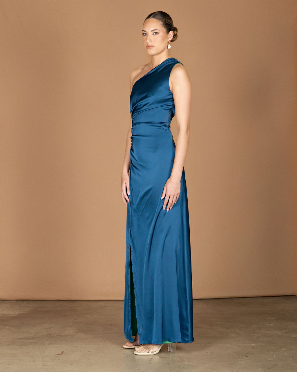long blue green reversible maxi dress gown. Nicole Trunfio