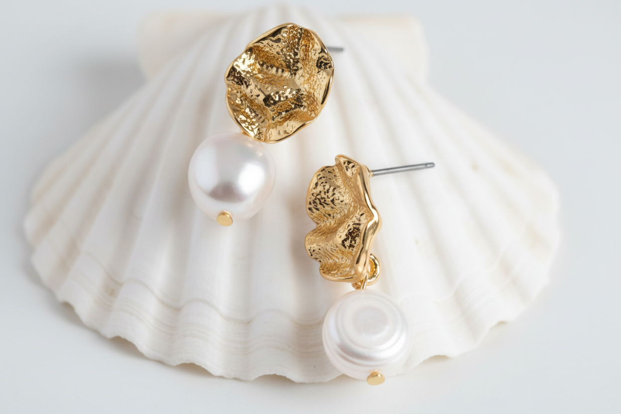 Mia Earrings - Textured Stud with Pearl Drop