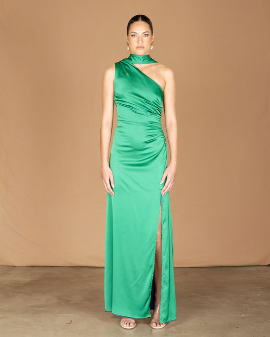emerald green one-shoulder maxi dress with split