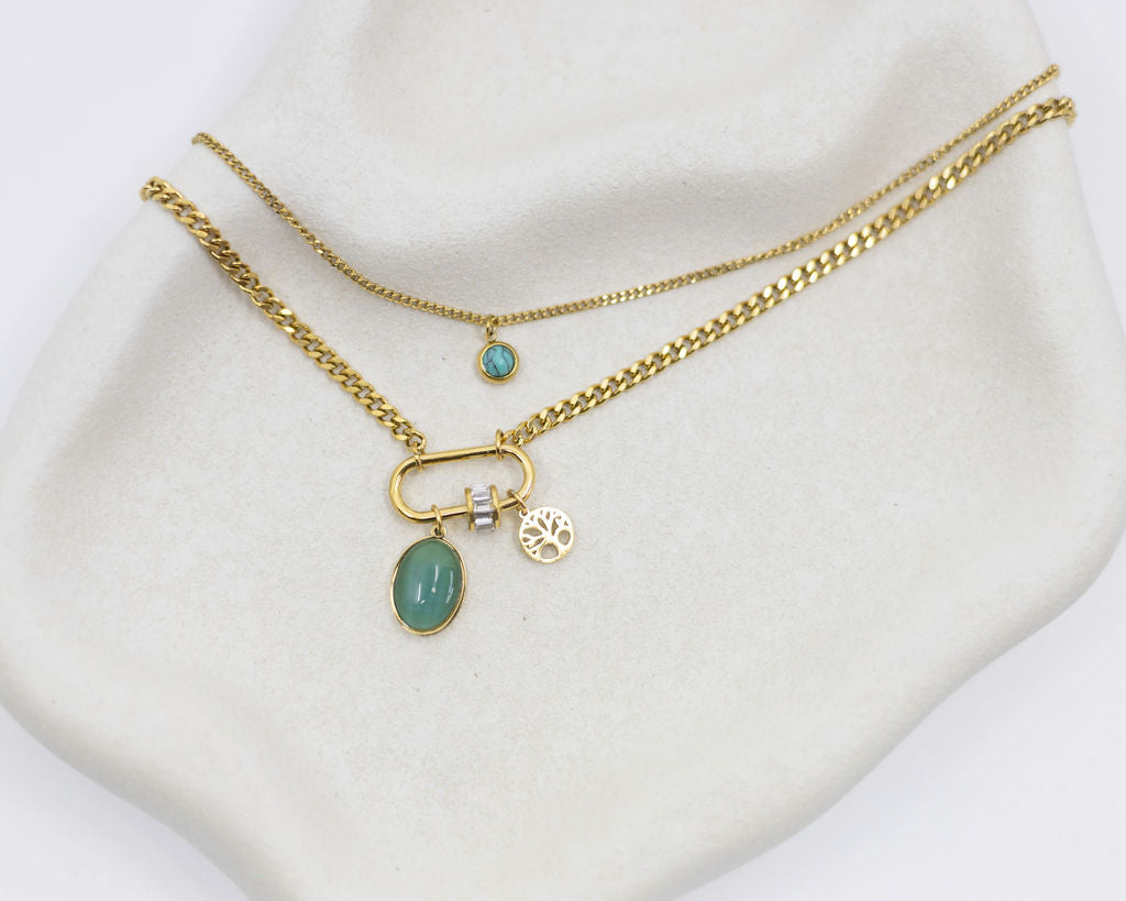 Two gold necklaces with green gemstones on a white background