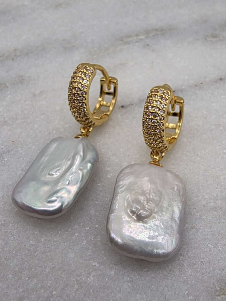 Stasi Earrings - 18K Gold Pave Huggies with Freshwater Baroque Pearl