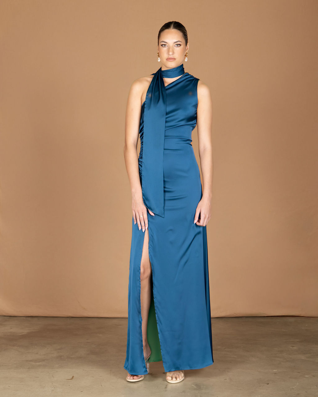 Blue one-shoulder maxi dress with split