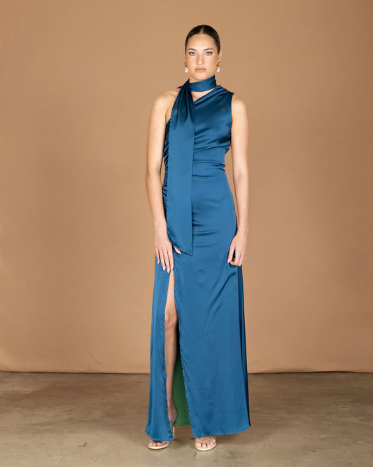 Blue one-shoulder maxi dress with split