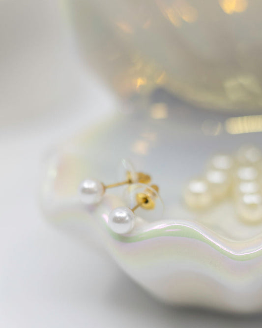 Pearl earrings displayed on a shell with a white background