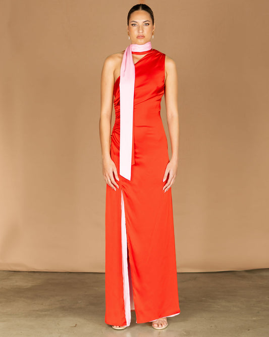 Red maxi dress one shoulder with a split
