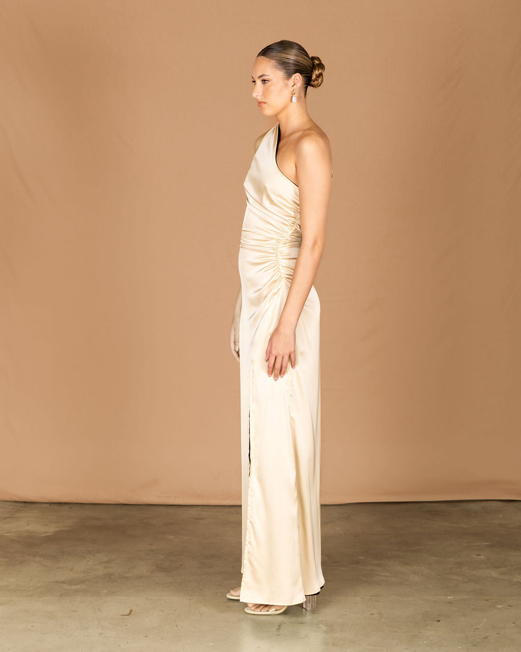 Champagne maxi dress, split one shoulder and rouching