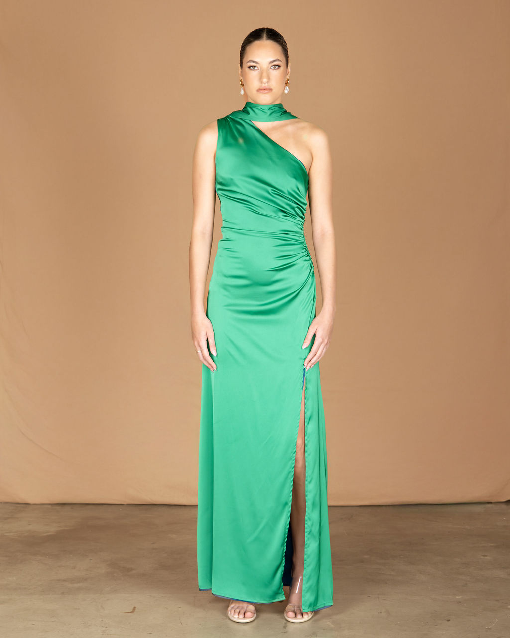emerald green one-shoulder maxi dress with split