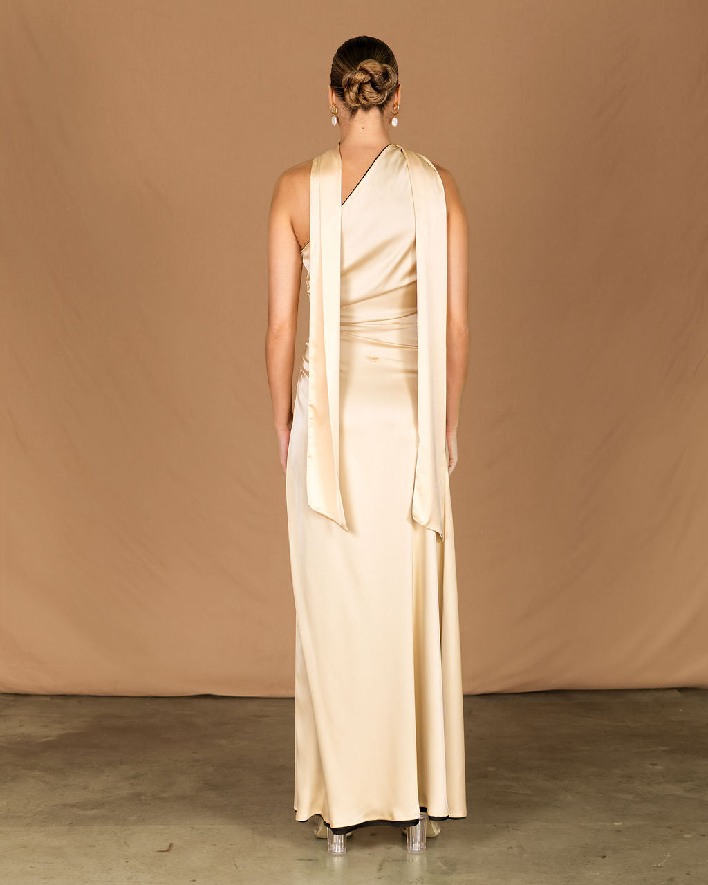 Pearl champagne long maxi dress with ruching and a sash
