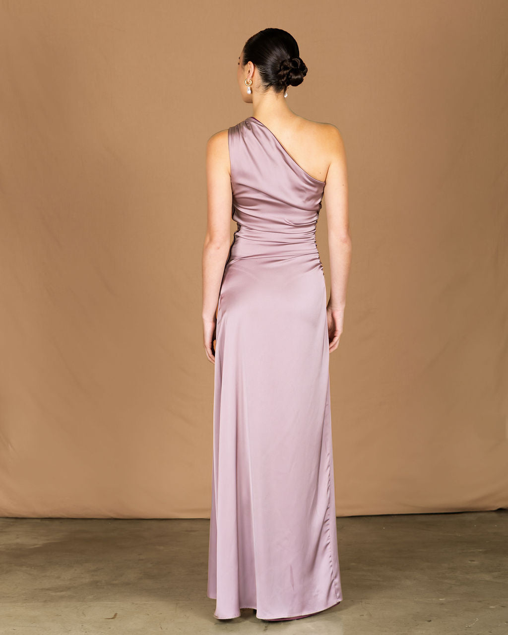 Satin maxi dress with no cut outs. Purple violet mauve taupe lavender