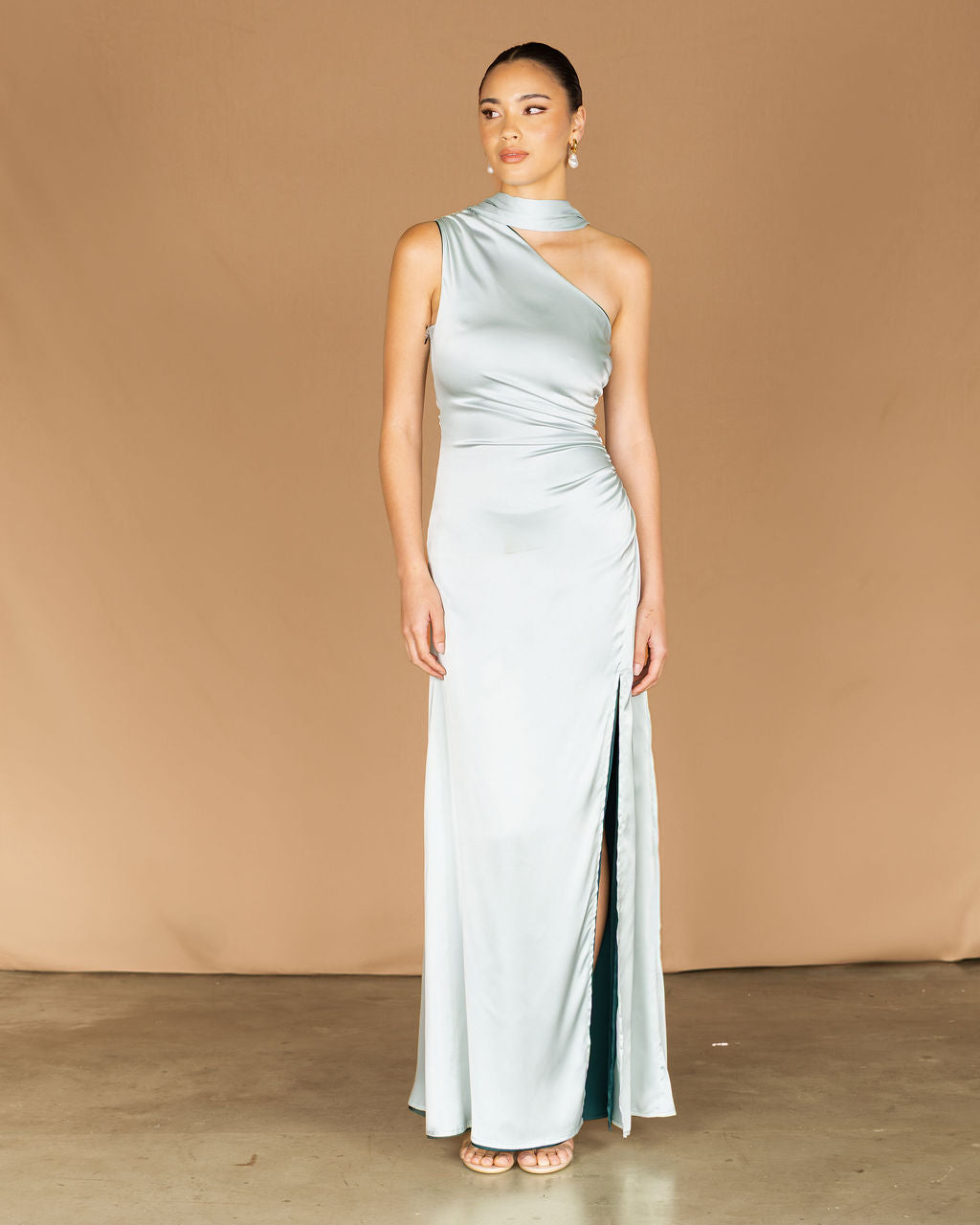 Long sage maxi dress with a split