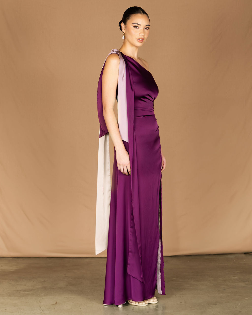 One shoulder purple maxi dress with waist tie and neck scarf