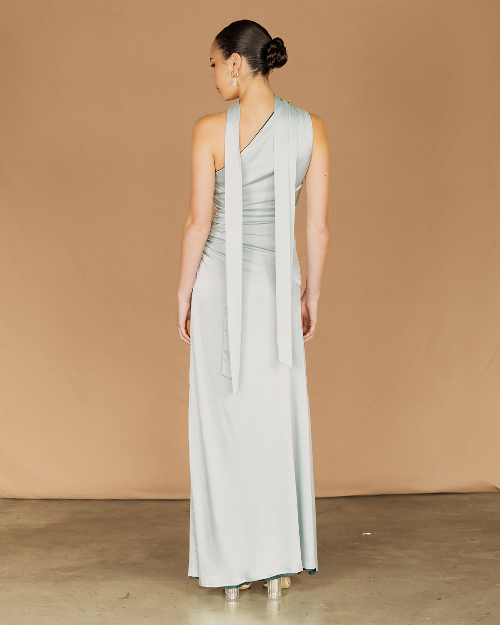 Satin pastel green mai dress for a wedding guest, bridesmaid, school ball and party