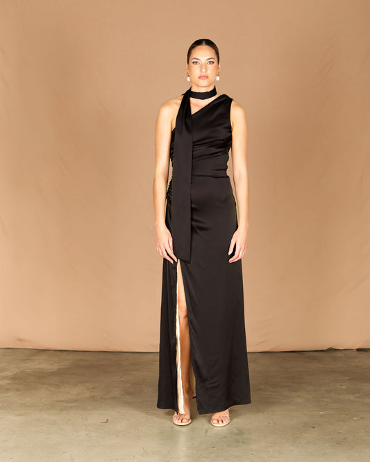 Black and champagne one shoulder maxi dress
